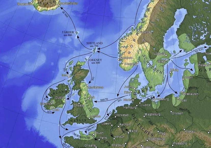 Map of Viking sailing routes to various raiding sites (Image credit: medievalists.net)