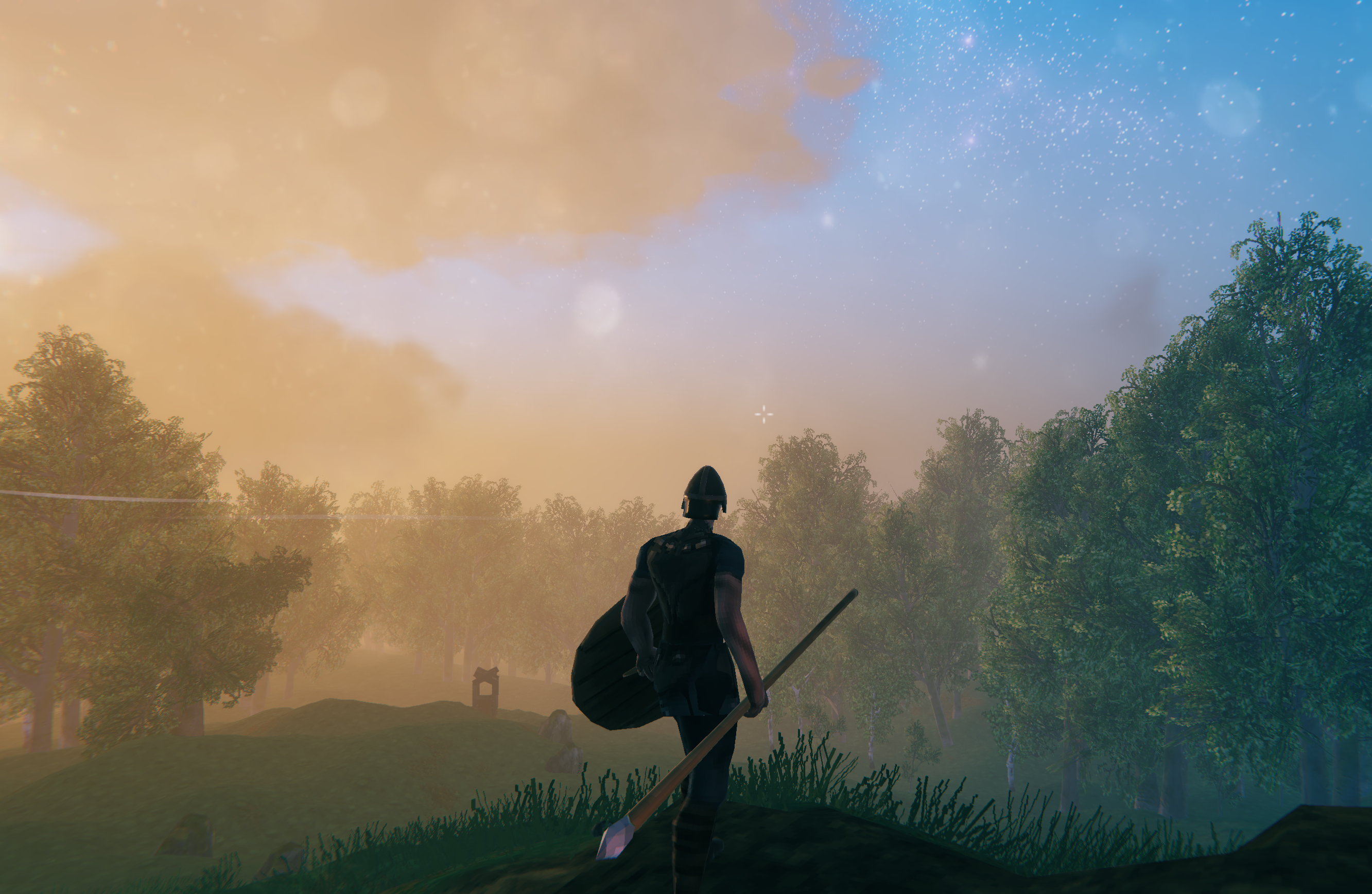 The view from my current main base in Valheim. I\'ve since upgraded to a bone shield and bronze sword.